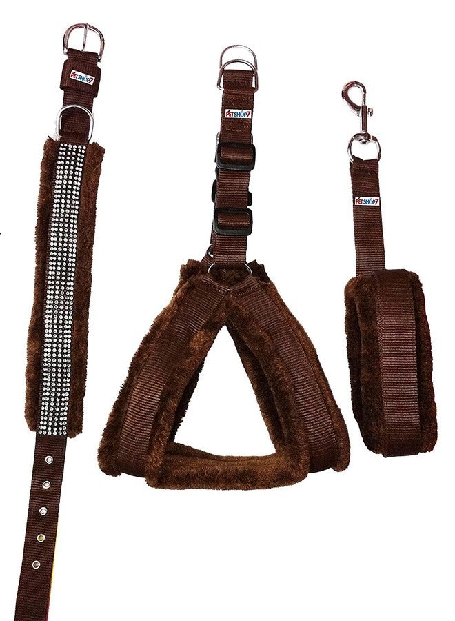 Skora Nylon Brown Fur 1.25 Inch Large Dog Harness, Dog Collar & Leash (Chest Size : 28-34 inch) - Image 1